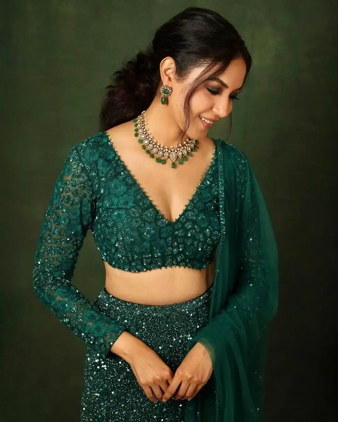 Actress Ritu Varma in Green Embroidered Lehenga Choli